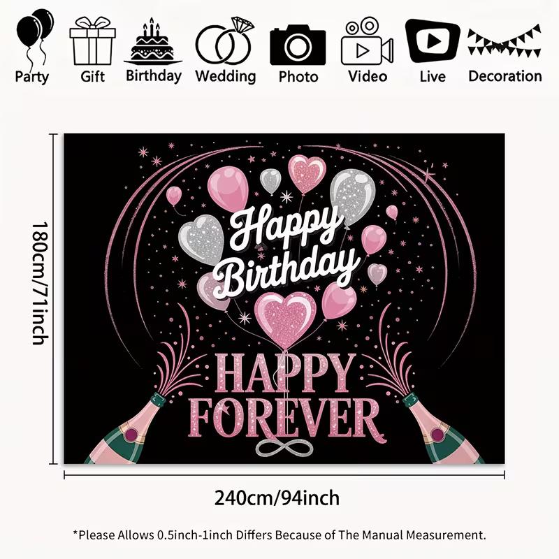 2D Happy Forever Birthday Backdrop, 2D Pink Silver Party Background for Photoshoot