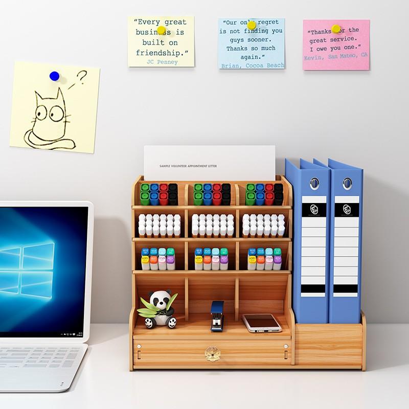 Desk Organizer A4 Paper Books Multi-functional Slanted Storage Box With Compartments Wooden Desktop Stationery Holder