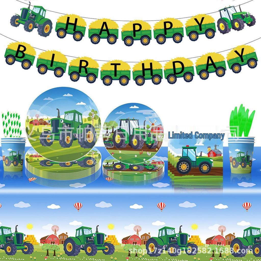 Tractor Theme Birthday Party Supplies: Plates, Napkins, Cups, Tablecloth, Banners.