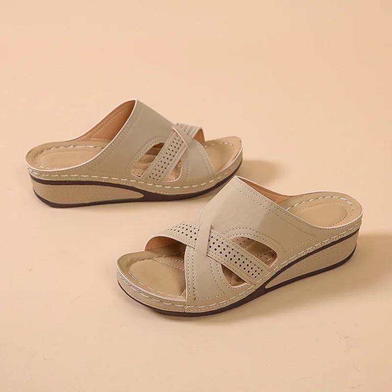 Fashion 2025 Summer Women Wedge Slippes Open Toe Sandals Slides Vintage Buckle Leather Casual Female Platform Retro Flip Flops Shoes