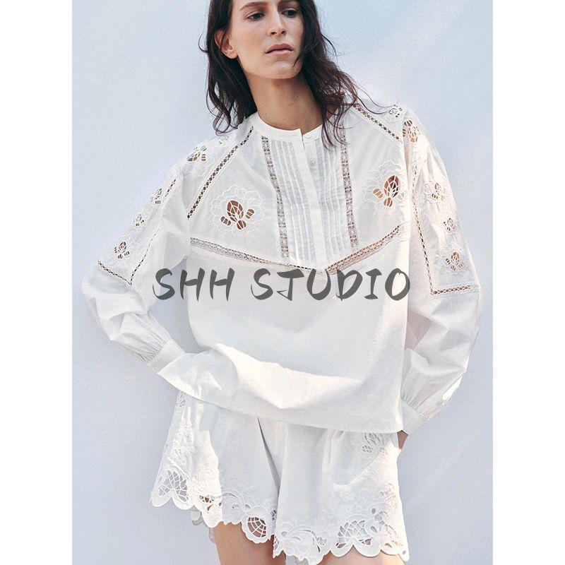 Spring and Summer Cotton Vertical Lace Trim Embroider Shirt 4786058 High Waist Embroider Pleated Shorts 4786059