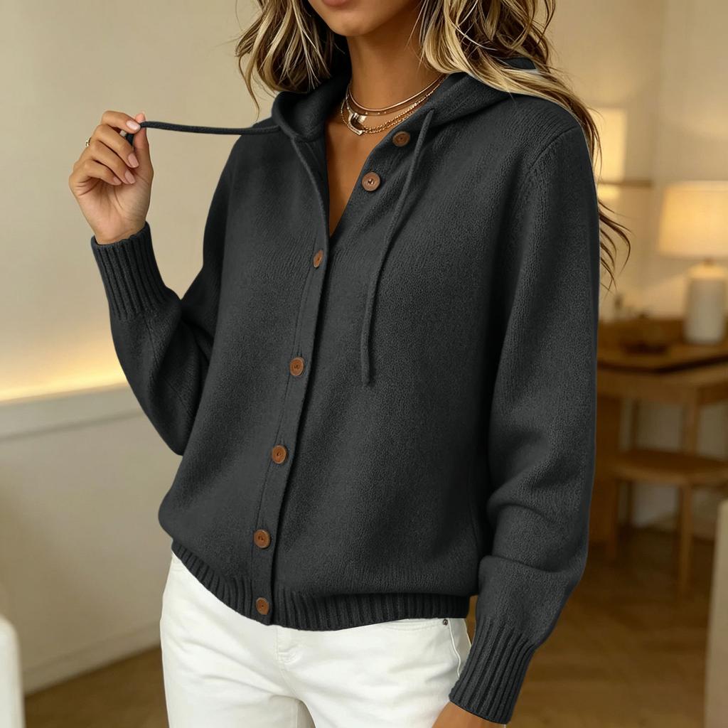 Women's Fashion Color Long Sleeve Button Front Hooded Knit Cardigan Casual Coat