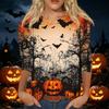 Women's Casual Halloween Print Round Neck Three Quarter Sleeve T Shirt Top Loose Fit Comfortable Fabric Seasonal Design