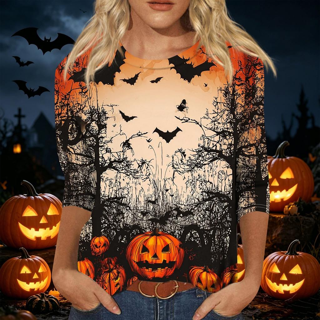 Women's Casual Halloween Print Round Neck Three Quarter Sleeve T Shirt Top Loose Fit Comfortable Fabric Seasonal Design