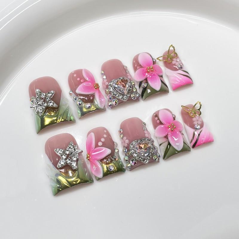 Handmade 3D Floral Butterfly Nail Art Tips Short Duckbill Shape Glitter Aurora Acrylic Press-On Nails Women