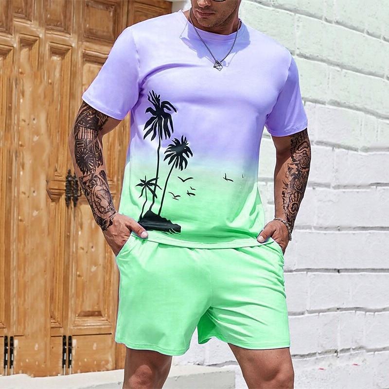 Men's Graphic Color Block Coconut Tree 2pcs Tees sets Casual Comfortable Outdoor Vacation Daily