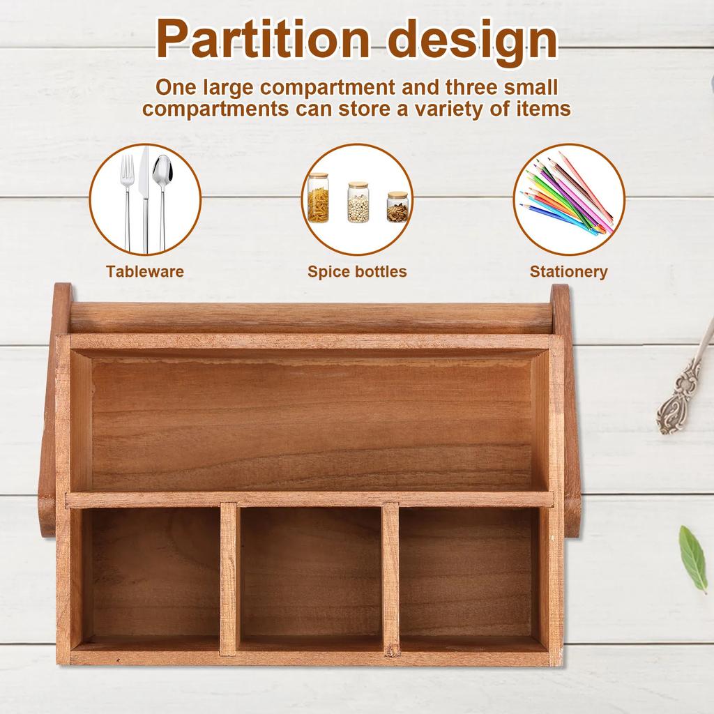Wooden Kitchen Cooking Utensil Holder with Handle 4 Compartments Caddy Cutlery Holder for Silverware Kitchen Counter Organizer