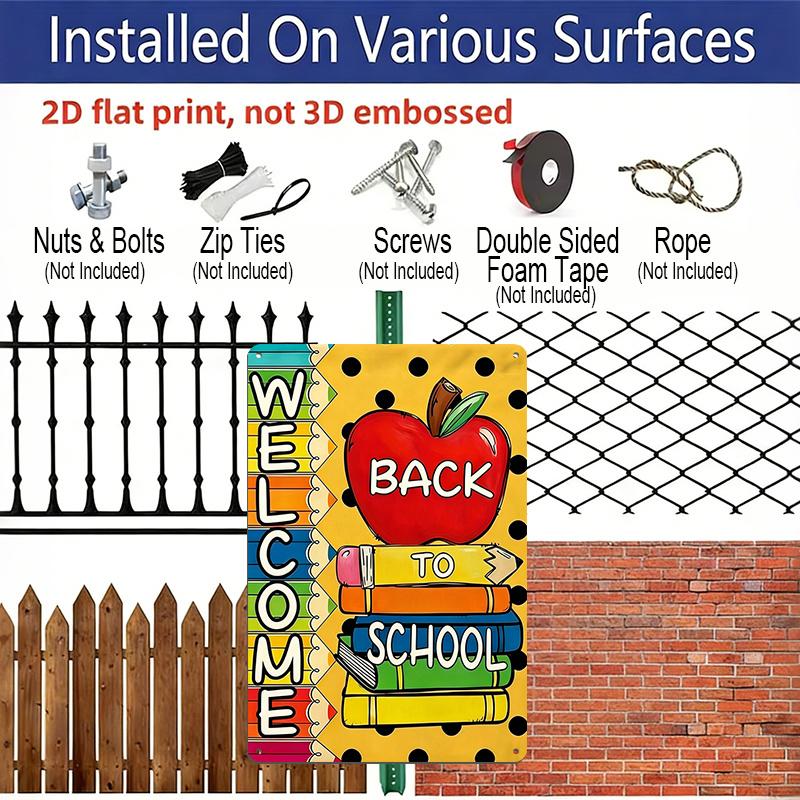 2D Flat, 1pc "Welcome Back To School" Metal Wall Art Sign with Apple & Colorful Pencils - 8*12 Inch Aluminium Classroom Decor, Polka Dot & Rainbow