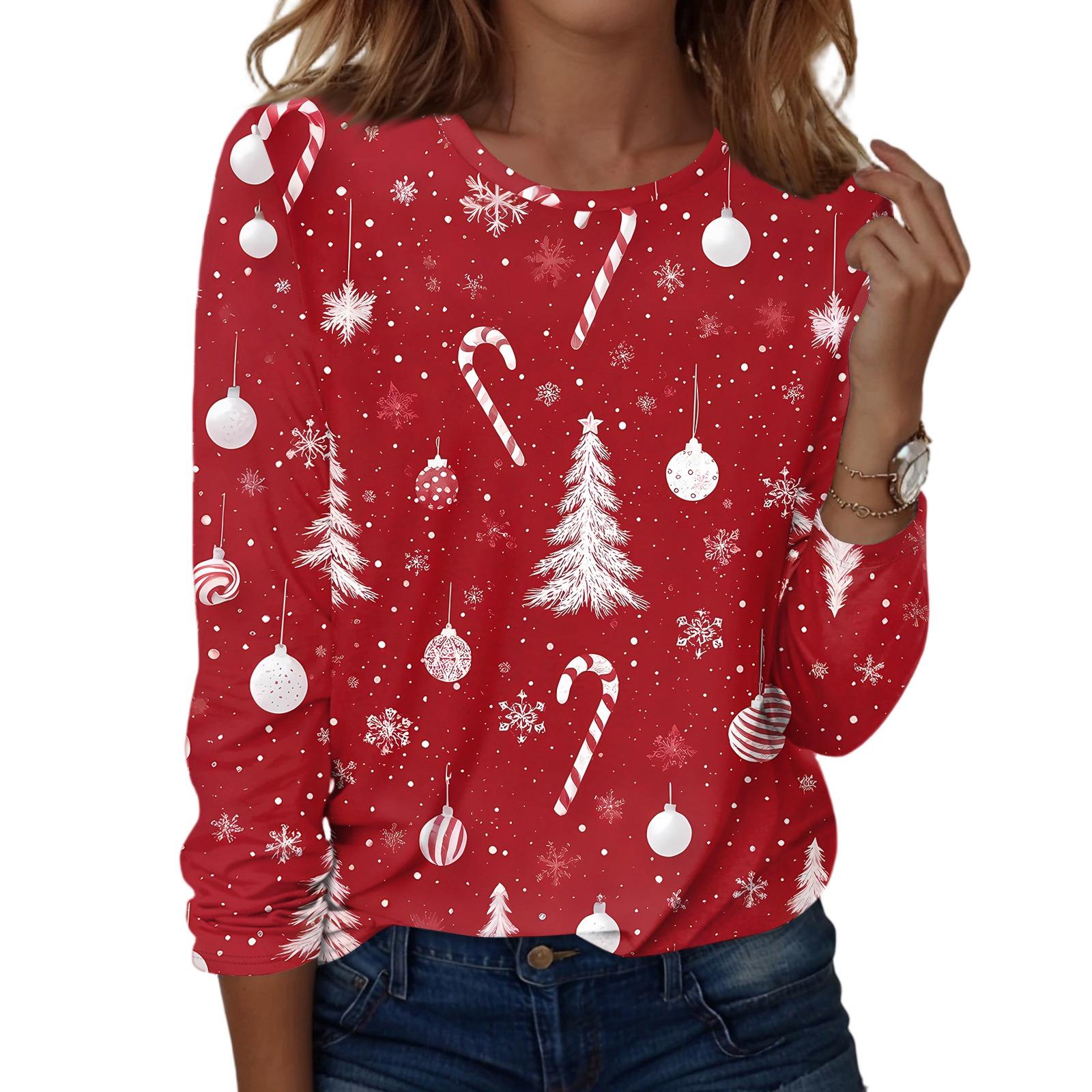 

Женская мода повседневный рождественский принт круглый вырез длинный рукав пуловер топ XL белый