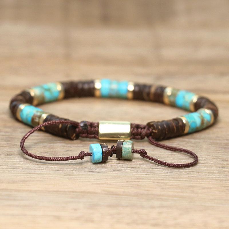Turquoise Coconut Shell Beaded Bracelet – Gold Accent Adjustable Boho Jewelry, Natural Stone Healing Gift for Men & Women