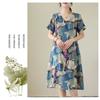 Temperament V-neck MIDI Vintage Print Loose A-line Skirt Short-sleeved Dress
