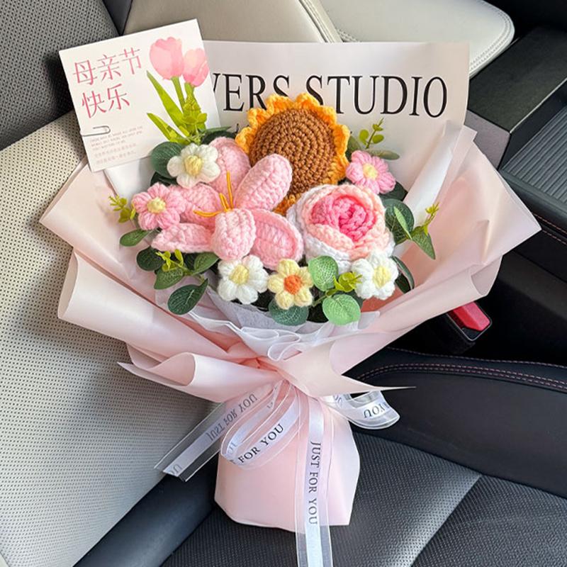 Finished Crocheted Flower Bouquet with Puppy Dog Doll Artifiacal Rose Flower  Knitting Sunflowers Valentine's Day New Year Gifts