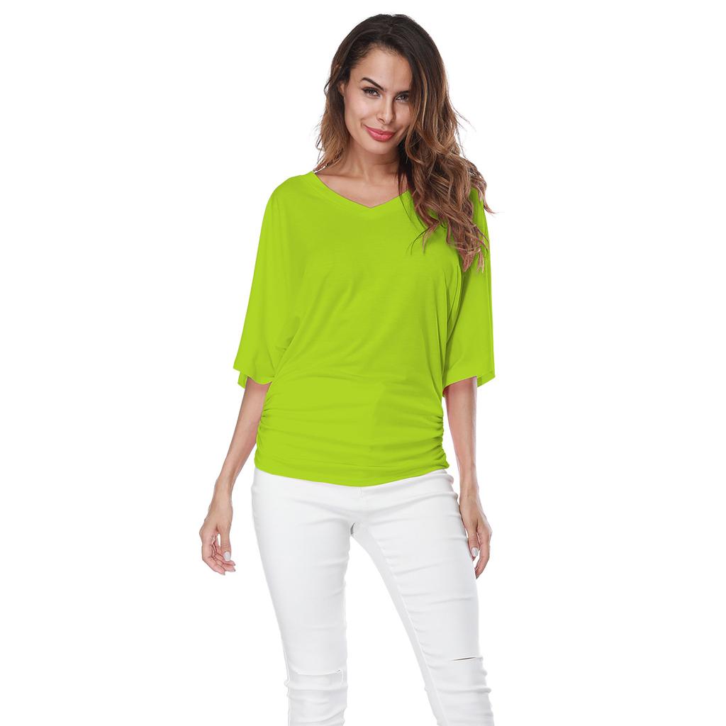 Large Size Top Women's Solid Loose Bat Sleeve V-neck Short Sleeve T-shirt
