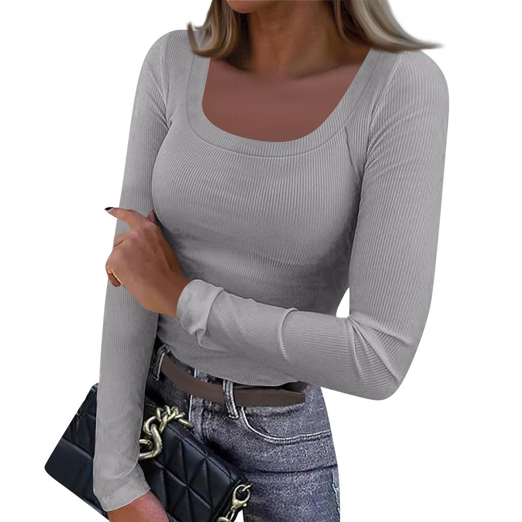 Women's  And Winter Slim Bottom T-shirt Fashion Casual Solid Color Square Neck Pullover Long Sleeve Top