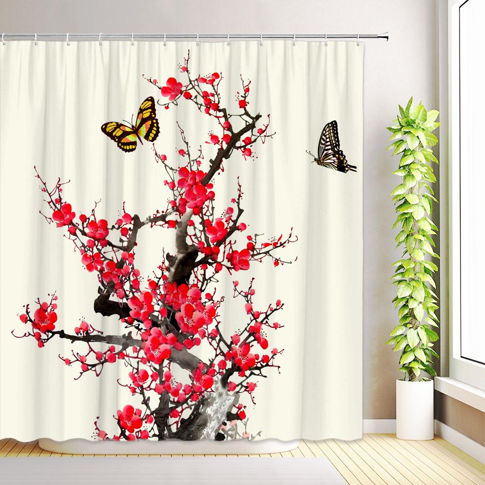 

Cherry Blossom Sun Shower Curtain Watercolor Floral Plant Koi Fish Butterfly Peacock Nature Scenery Bathroom Decor with Hooks 35x70inch-90x180cm