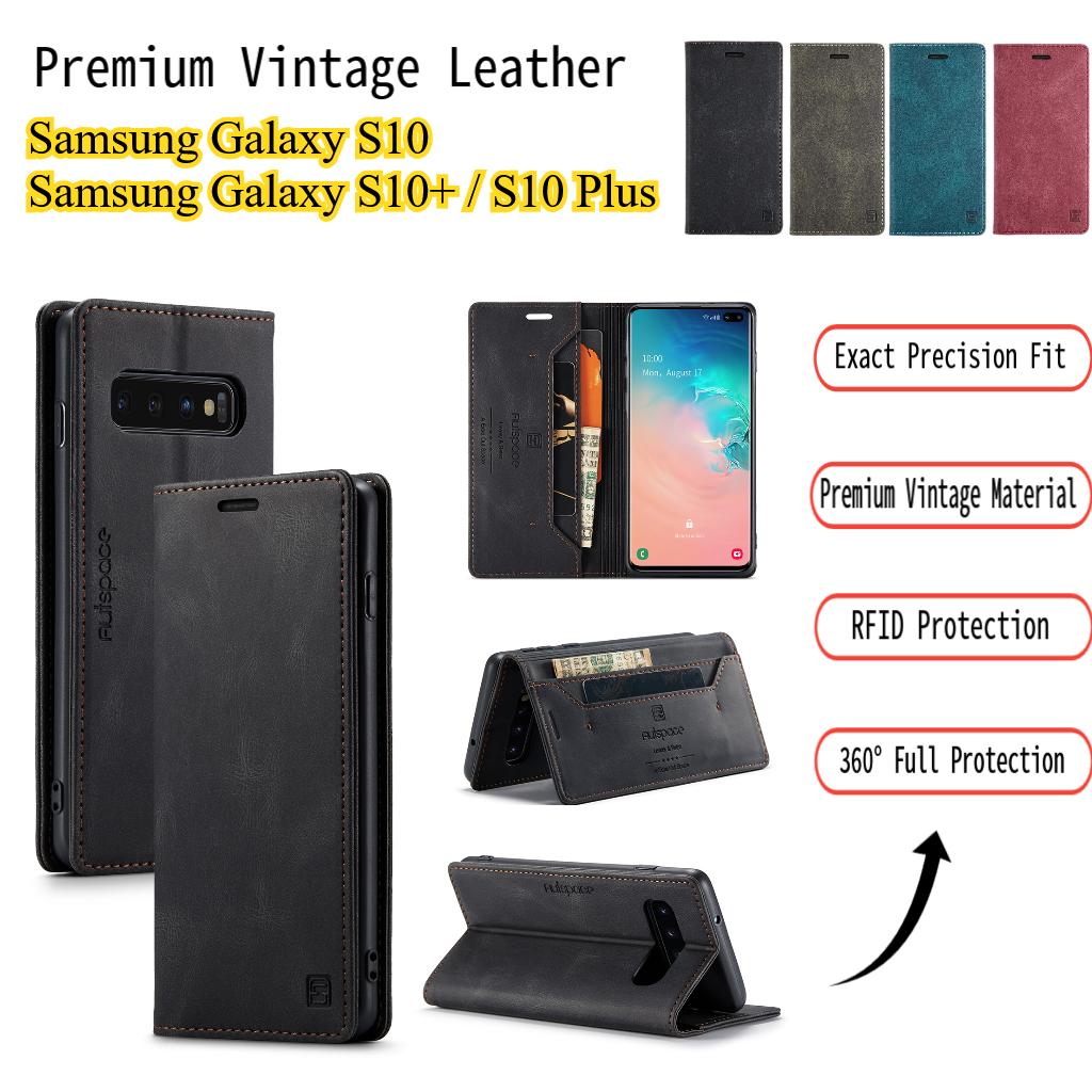 Premium Vintage Leather Wallet Case for Samsung Galaxy S10 / S10+ / S10 Plus - Flip Cover with Card Slots, Shockproof Retro Style (4 Colors)