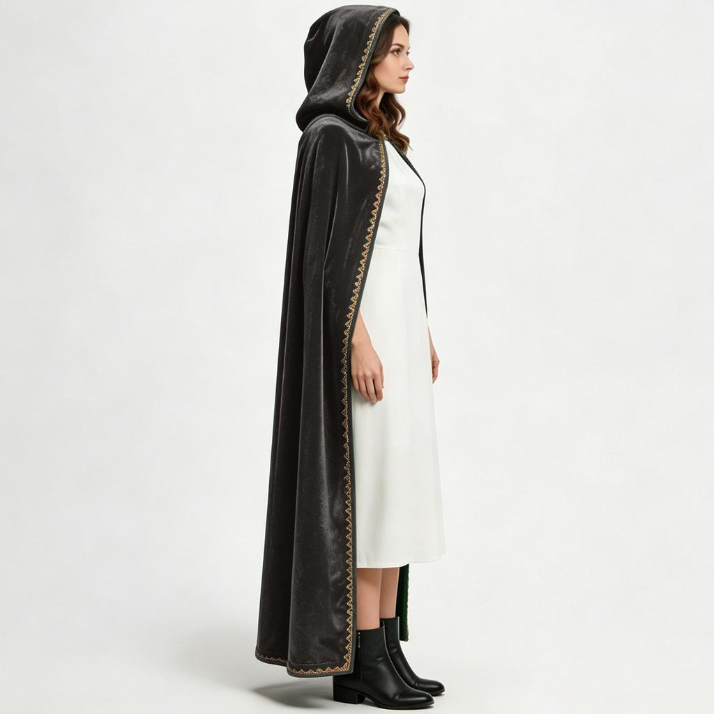 Manteau à Capuche en Velours pour Femme Longue Cape avec Passementerie Décorative pour Costume d'Halloween Cosplay et Événements Thématiques