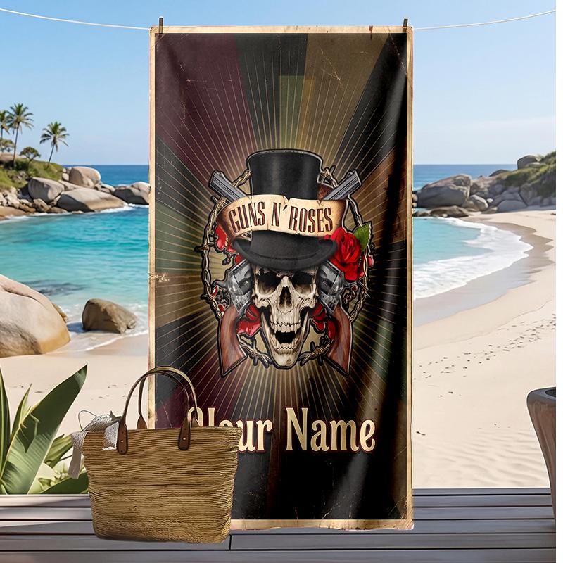 Asciugamano da Spiaggia Personalizzato Guns N’ Roses, Stampa il Tuo Nome Testo Asciugamano Leggero Assorbente per Nuoto Viaggio