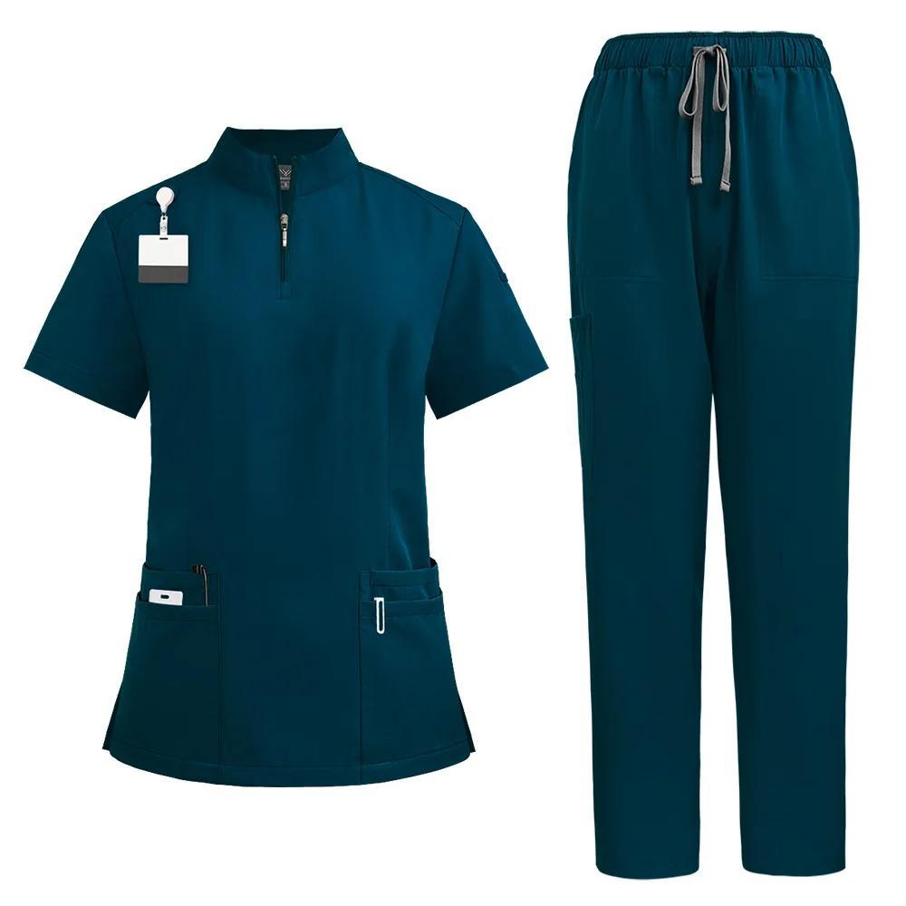 Nurse Stand-up Collar Zipper Work Uniform, Surgical Gown, Hand Gown Operating Room Straight Pants, Women Attire