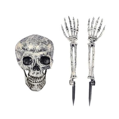 Halloween Schädel Hand Arm Gartenstecker Lebensechtes Skelett für Kopf Figur Gartendekoration Spukhaus Requisiten