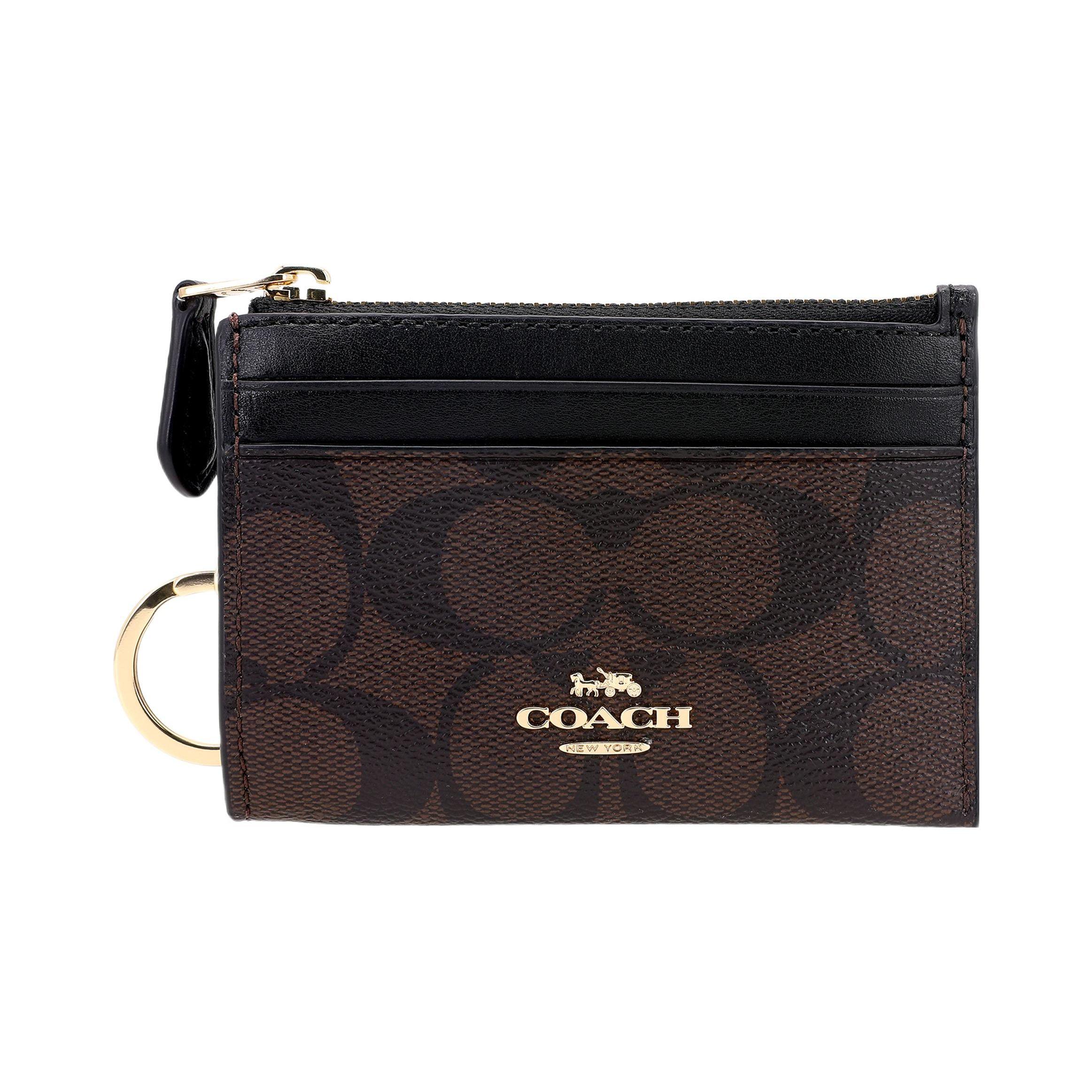 Coach Skinny Id Case Monogram Coated Canvas With Smooth Leather Card Holder Key Pouch Mini Women accessories Dark-Brown 88208-IMAA8 Basic Set (Bag+Dust Bag)
