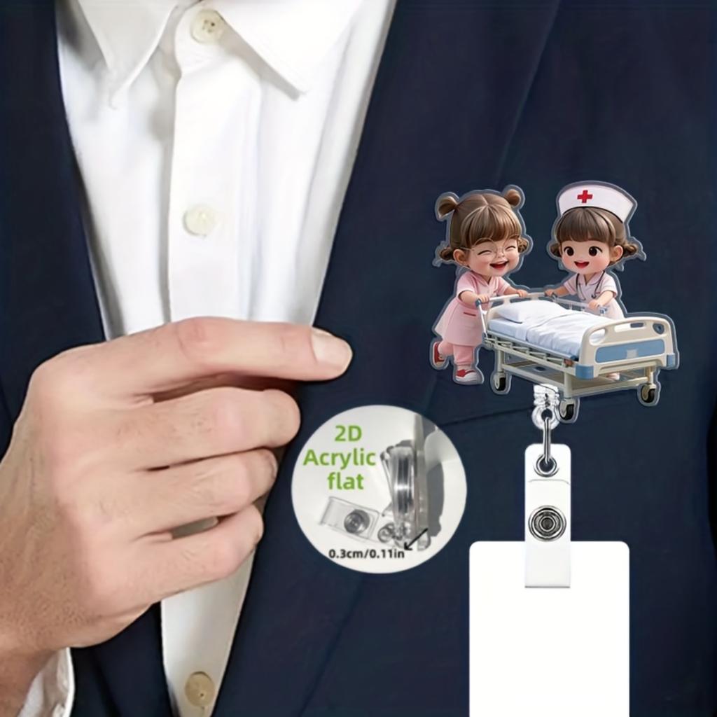 Two Nurse Girls Pushing Medical Bed 2D Acrylic Retractable ID Badge Reel,Multi Purpose Card Clip Perfect Present For Educators Medics Office Employees