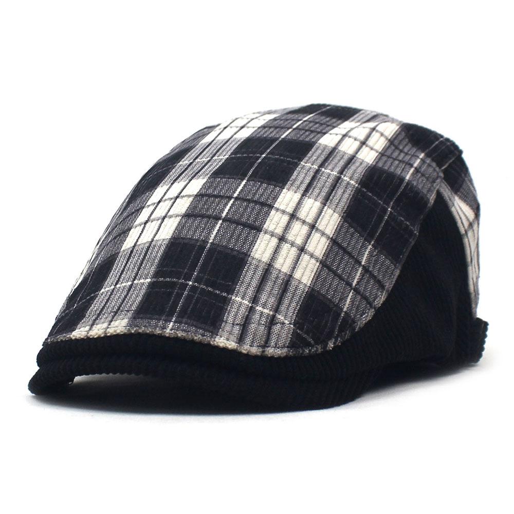 

Винтажная британская повседневная мужская шляпа, вельветовый клетчатый лоскутный берет, хлопковый толстый срез, теплая кепка с утиным язычком M（56-58cm） чёрный