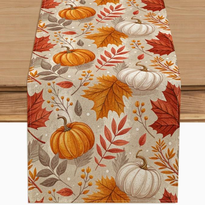Autumn Leaves Pumpkin Table Runner: Linen Thanksgiving Decoration for Kitchen & Dining