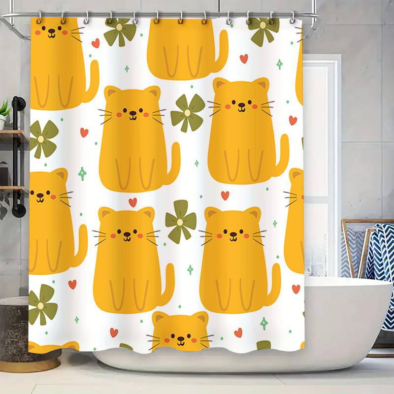 

Bright Yellow Cat Shower Curtain With Cute Cartoon Patterns Modern Bathroom Decor For Kids Room Or Bathing Area (180X180Cm) W60H190(CM)-1 Pcs