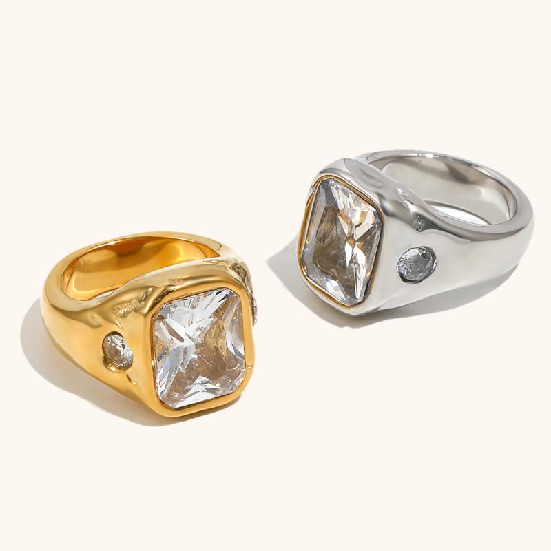 Gold Plated Deep-Patterned Square Zircon Ring Simple Statement With Irregular Design Tarnish Free Women'S Jewelry