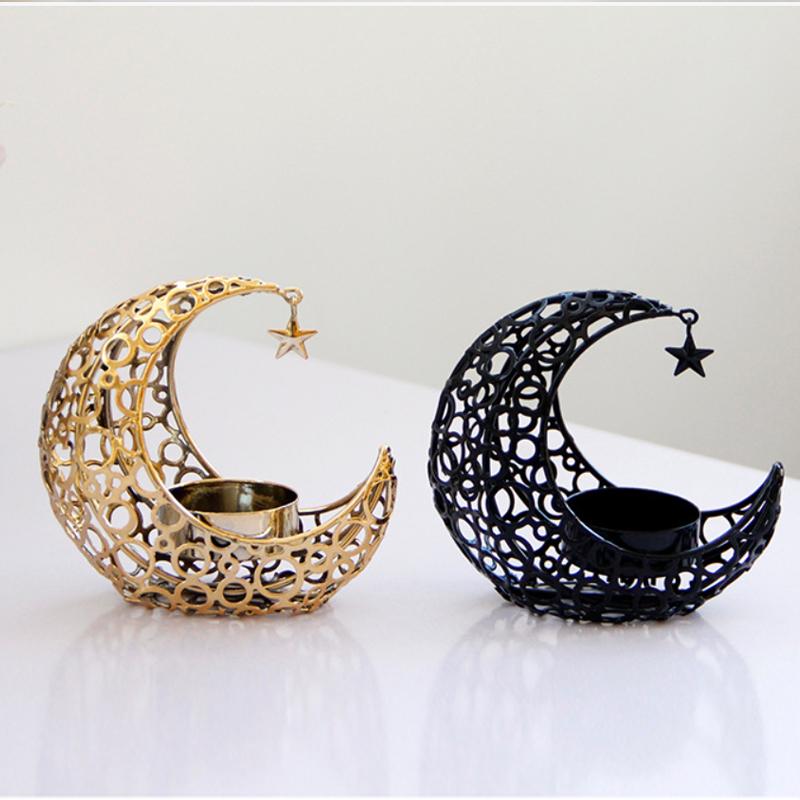 Eid Mubarak Ramadan Metal Candlestick Moon Shaped Candle Holder Home Desktop Ornament for Bedroom Showcase Living Room