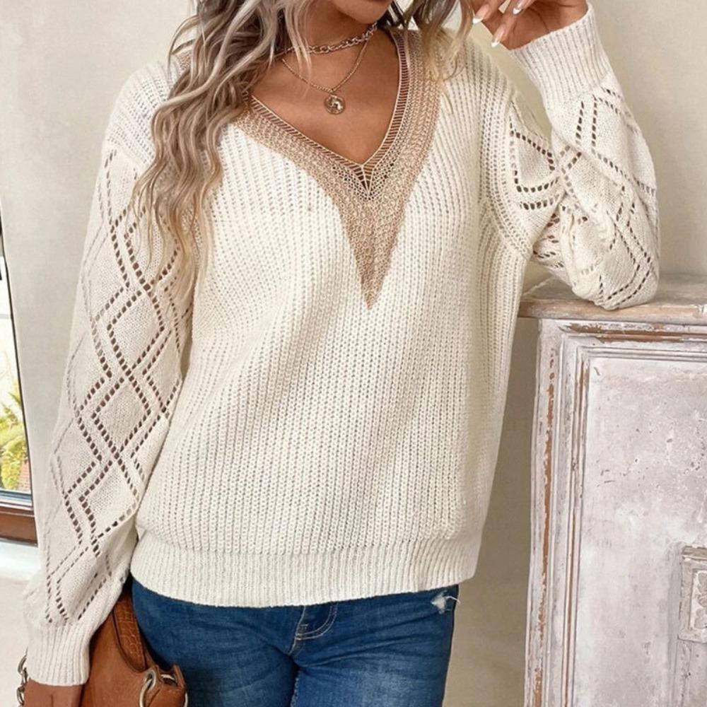 Women's V Neck Long Sleeve Lace Trim Diamond Knit Loose Fit Commuter Sweater