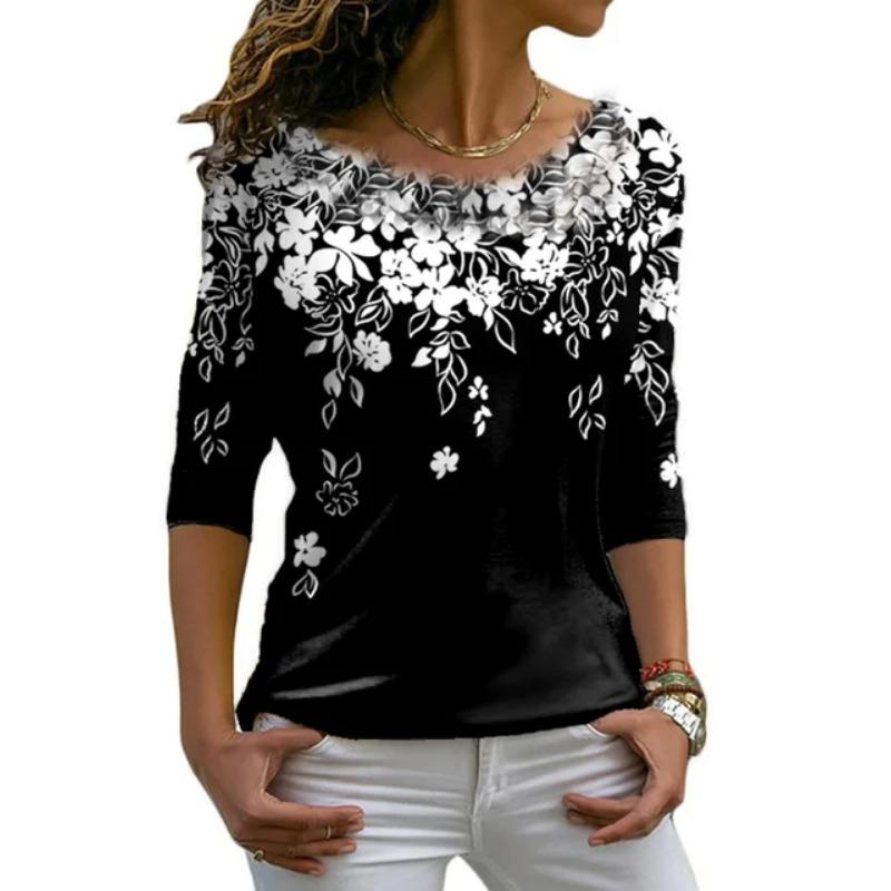 Autumn versatile long sleeved women's T-shirt with floral pattern printed regular retro casual O-Neck Bohemian multi-color top