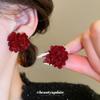 Silver Needle Red Pleated Flower Stud Earrings New Earrings Hong Kong Style Retro Simple Temperament Earrings Women