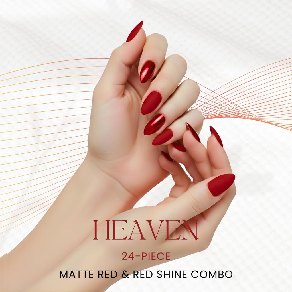 Heaven Press 24-Piece Almond Shape Press-On Nails Matte & Shiny Finish Self-Adhesive & Glue Included Fake Nail Extension Kit No Salon Visit Needed
