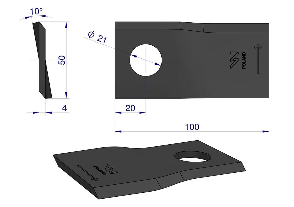 Left Mower Blade 100X50X4mm Hole 21 Application RS100 Samasz WARYŃSKI (sold In 25 Pieces)