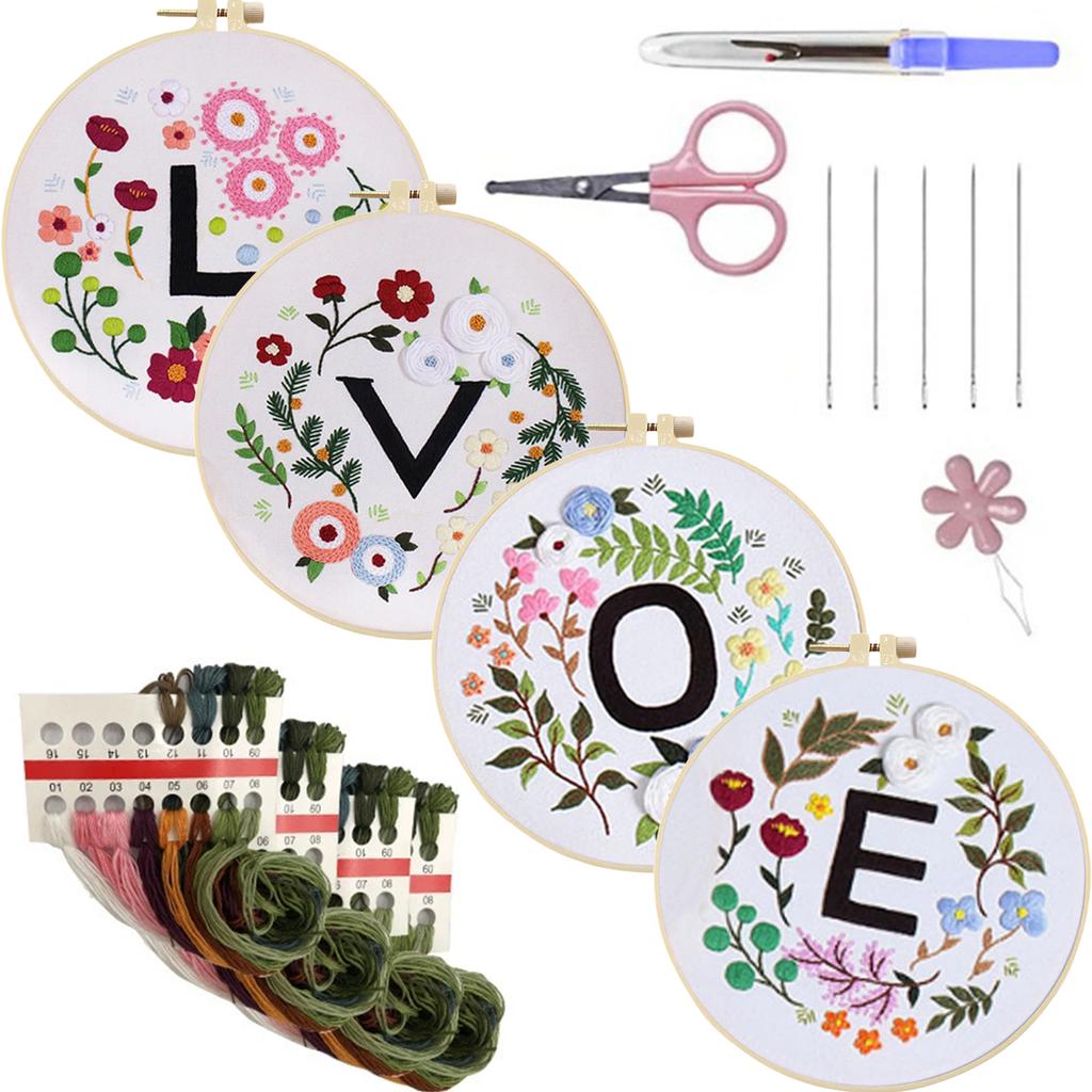 4 Pack Flowers DIY Embroidery Kit with Embroidery Hoop Embroidery Starter Kit 30x30cm for Adult Beginners Gift for Women