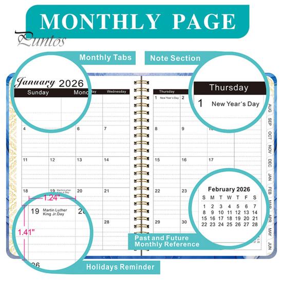 Planer 2025–2026, Juli 2025 – Juni 2026, 12 Monate, Tages-, Wochen- und Monatsplaner, Notizbuch mit Blumendruck und Spiralbindung für Zuhause, Büro und Schule