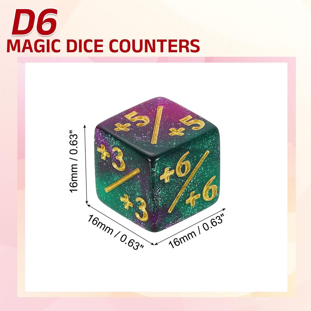 Uxcell 24-Piece Magic Dice Counter Acrylic D6 Life Token Dice Set with Standard Card Game Accessory Pouch, Green & Purple