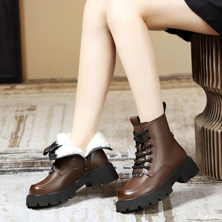 Kožené a kožešinové integrované sněhule pro ženy Zimní vlněné boty pro ženy Retro teplé bavlněné boty se silnou podrážkou s plyšovými a silnými bavlněnými botami