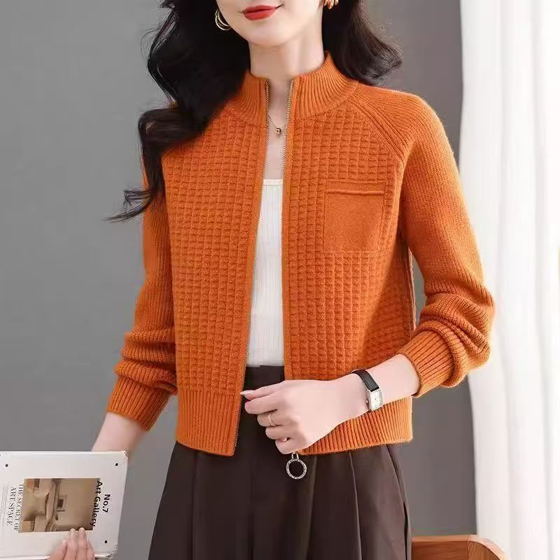 Gilet zippé tricoté pour femmes ample et décontracté pull manteau à col montant zippé élégant couleur unie manteau court