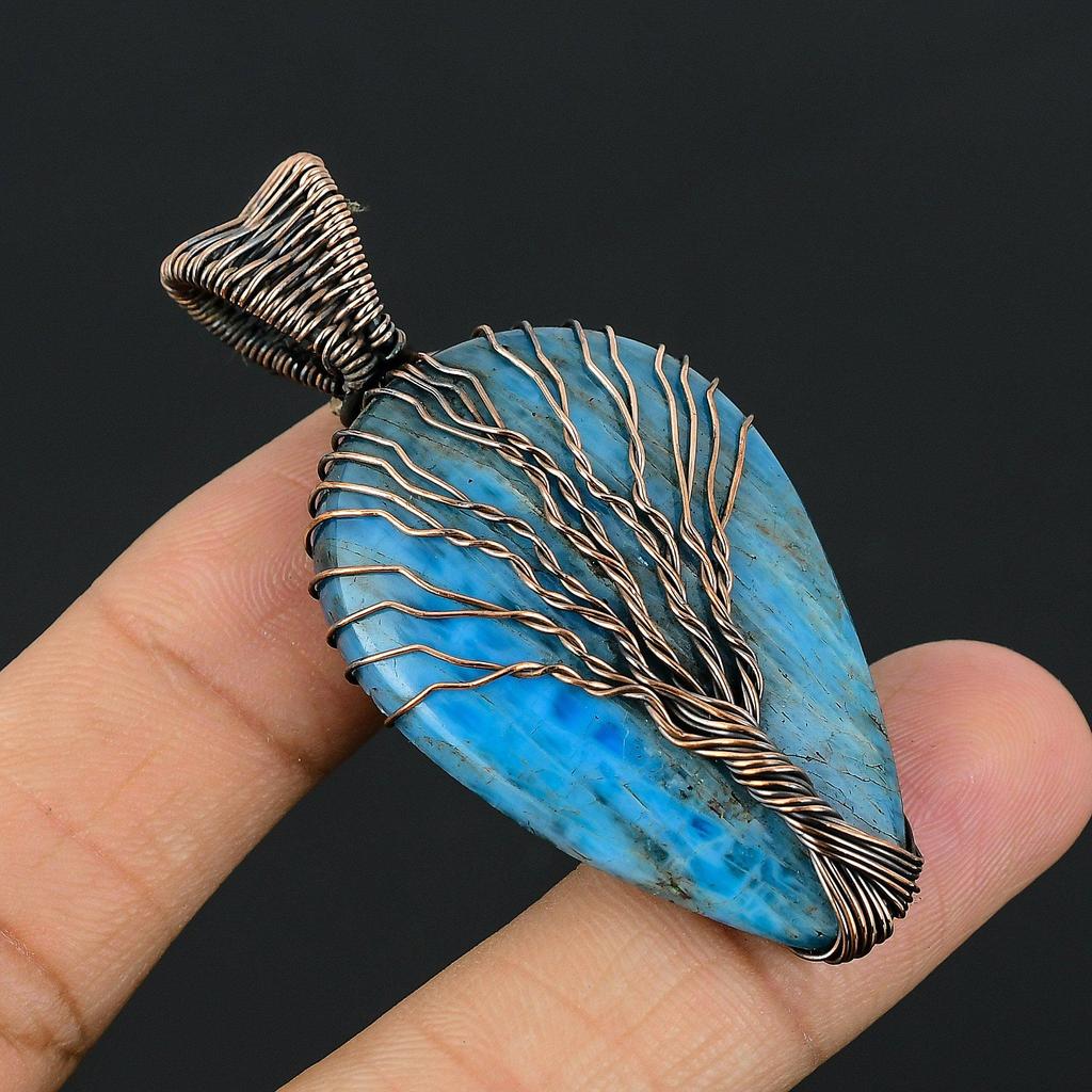 Tree Of Life Neon Blue Apatite Gemstone Pendant 999 Copper Wire Wrapped Jewelry, Handmade Antique Pendant Jewelry, Gift For Mother