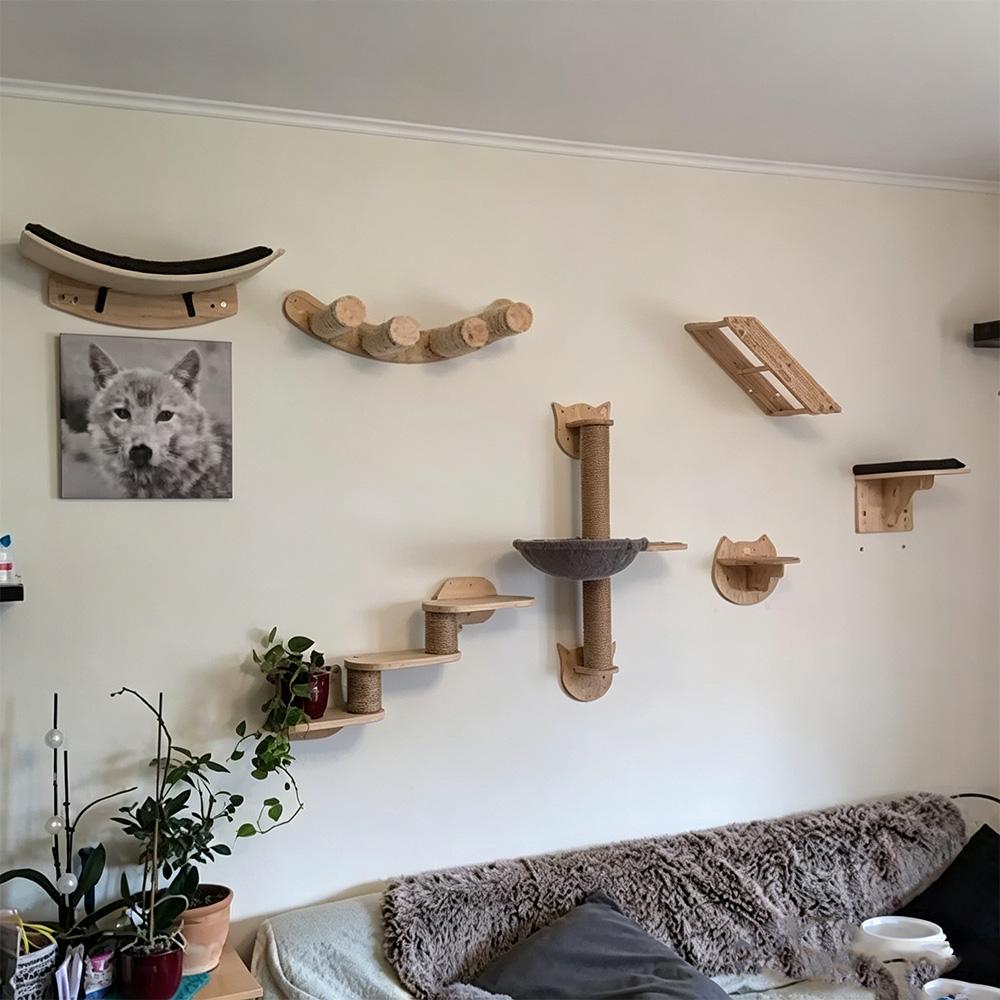 Wandmontiertes Katzenmöbel-Set Schwebende Regale mit Kratzbaum Kletterstufen und Schlafhängematte Platzsparend