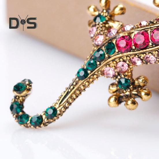 Retro Lizard Gecko Shape Brooch Shining Rhinestones Inlaid Pin Faux Silk Shawl Buckle Dress Badge Outfit Accessories
