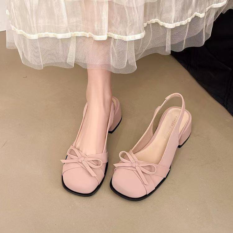 French Bow Thick Heel Bag Head Sandals Women's Summer 2025 New with Skirt Temperament Medium Heel High Heel Single Shoes