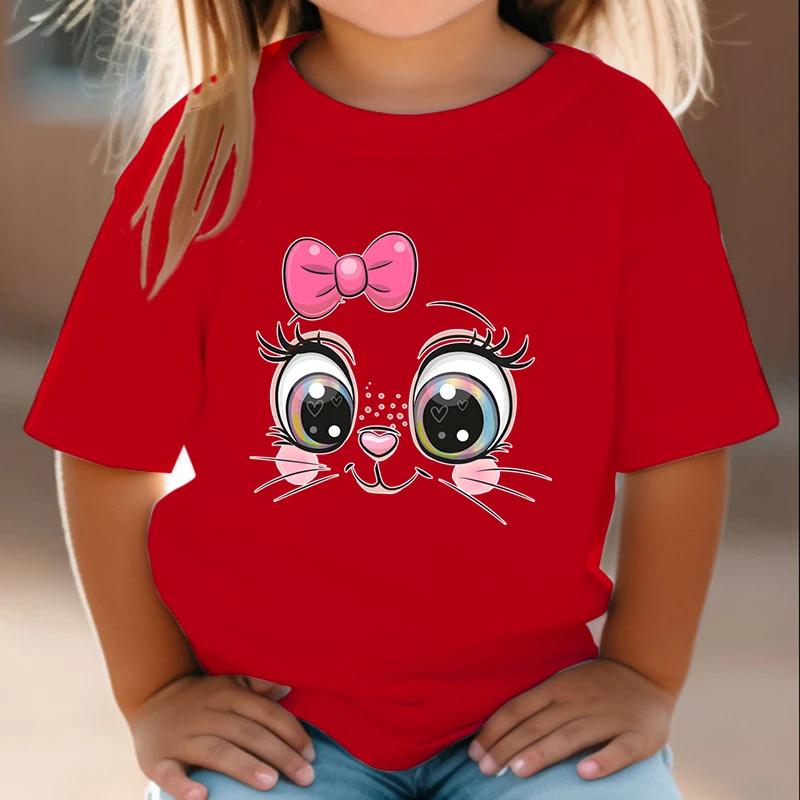 T-shirt Pink Bow Kitten Summer Shirt Girl Cute Cartoon Cat Pattern Top White Short Sleeved Wild T-shirt Animal Anime Costume