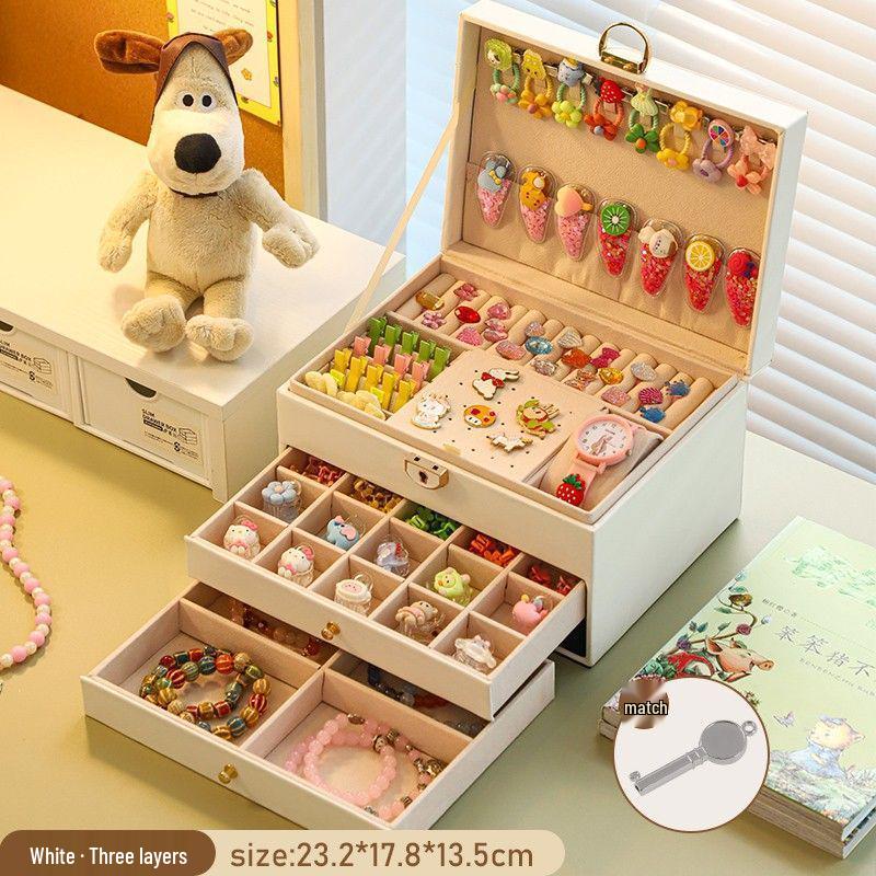Girls' Hair Accessory Organizer: Large Leather Box with Drawer for Clips & Bands
