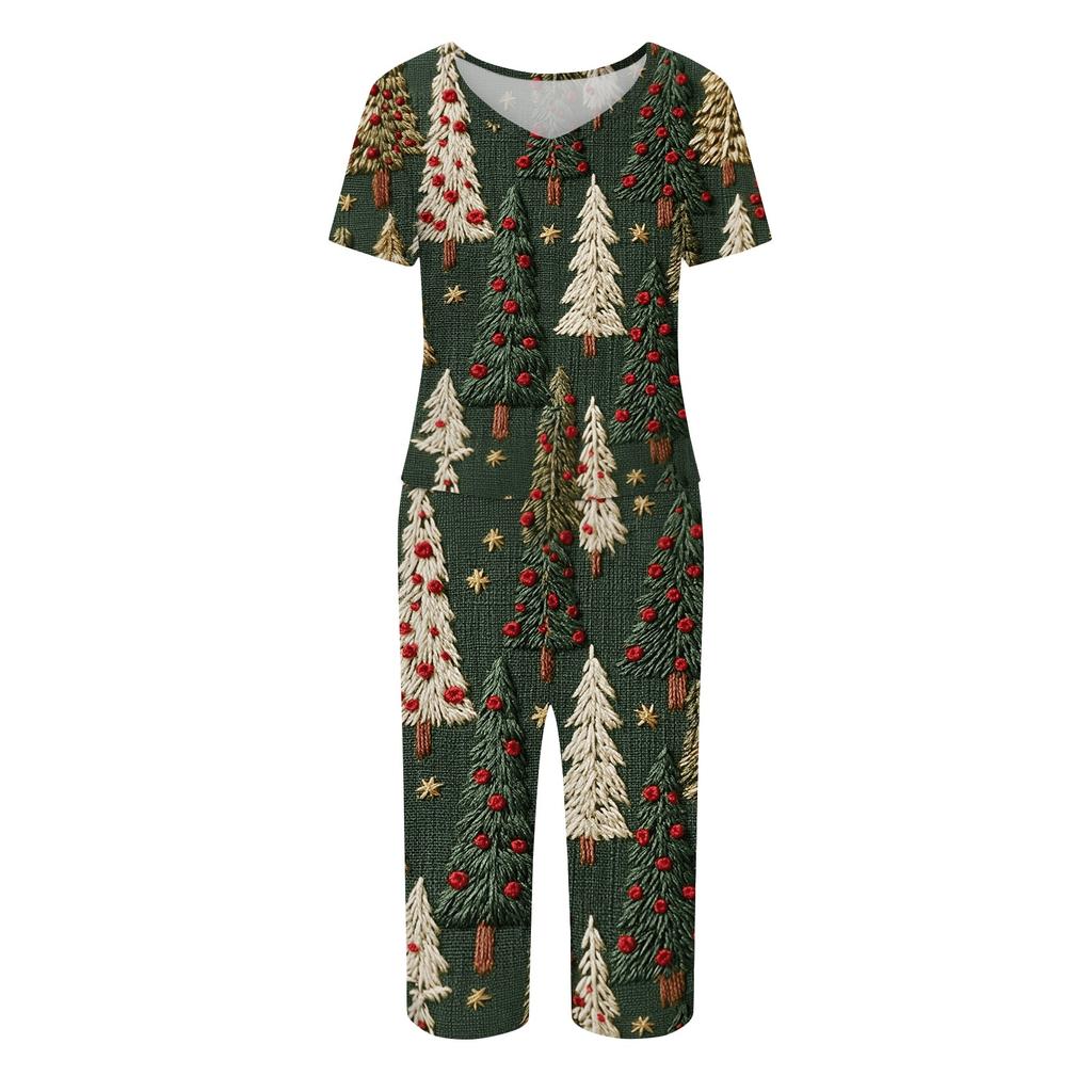Women's Two-Piece Outfit Set with Christmas Print Short Sleeve Top and Pants
