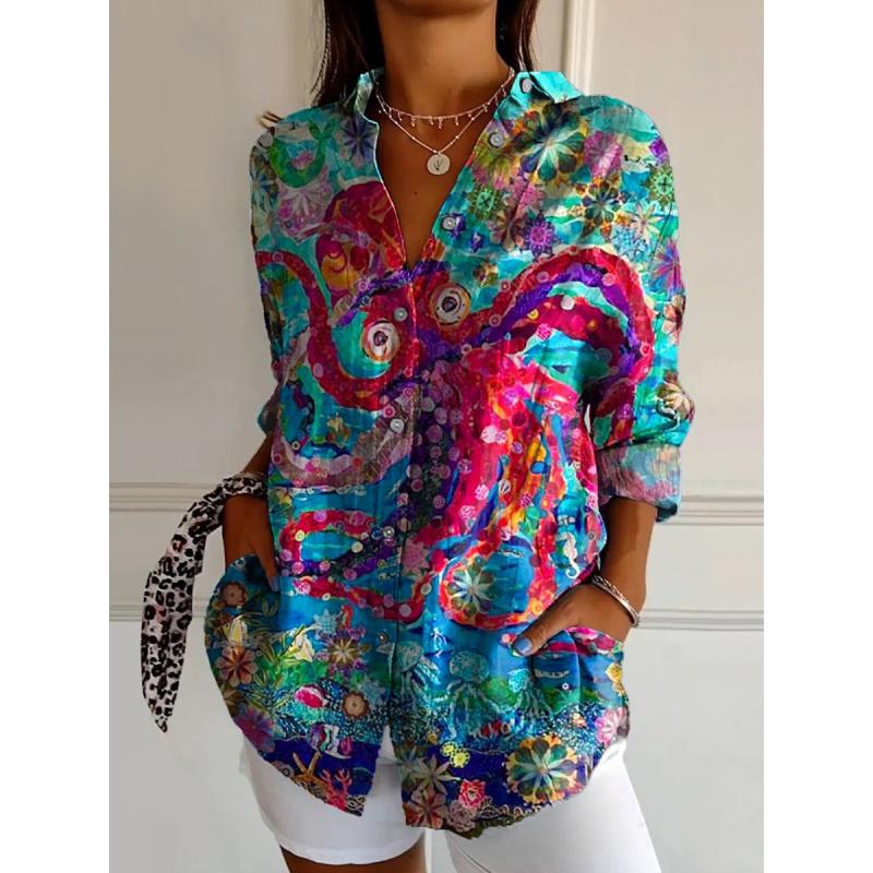 New Women's Long Shirt Summer Trend Long Sleeve Shirt Floral Pattern Printed 3D Shirt