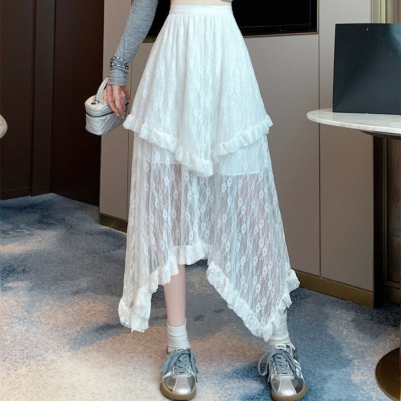 Loose Niche Design High-Waist Elegant Asymmetric Lace Tiered Cake Midi Skirt for Women